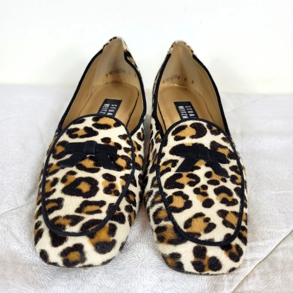 Stuart Weitzman calf hair classic leopard print loafers black bow heel office 6